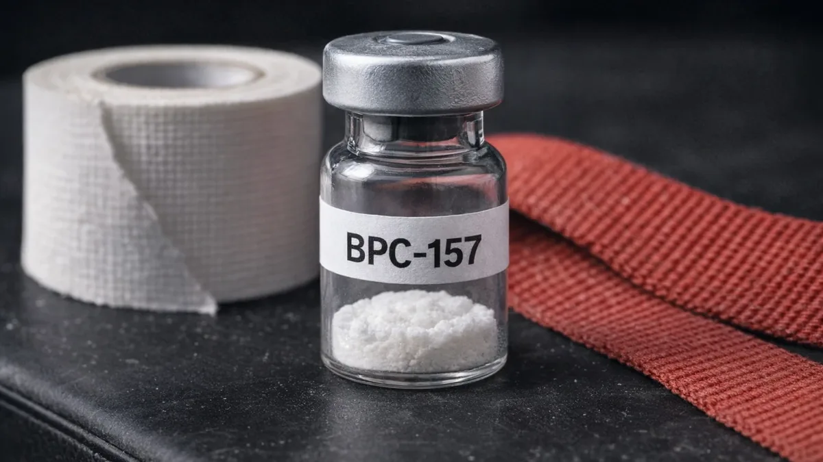 Small BPC-157 research vial beside a worn strip of red lifting-strap webbing and white athletic tape